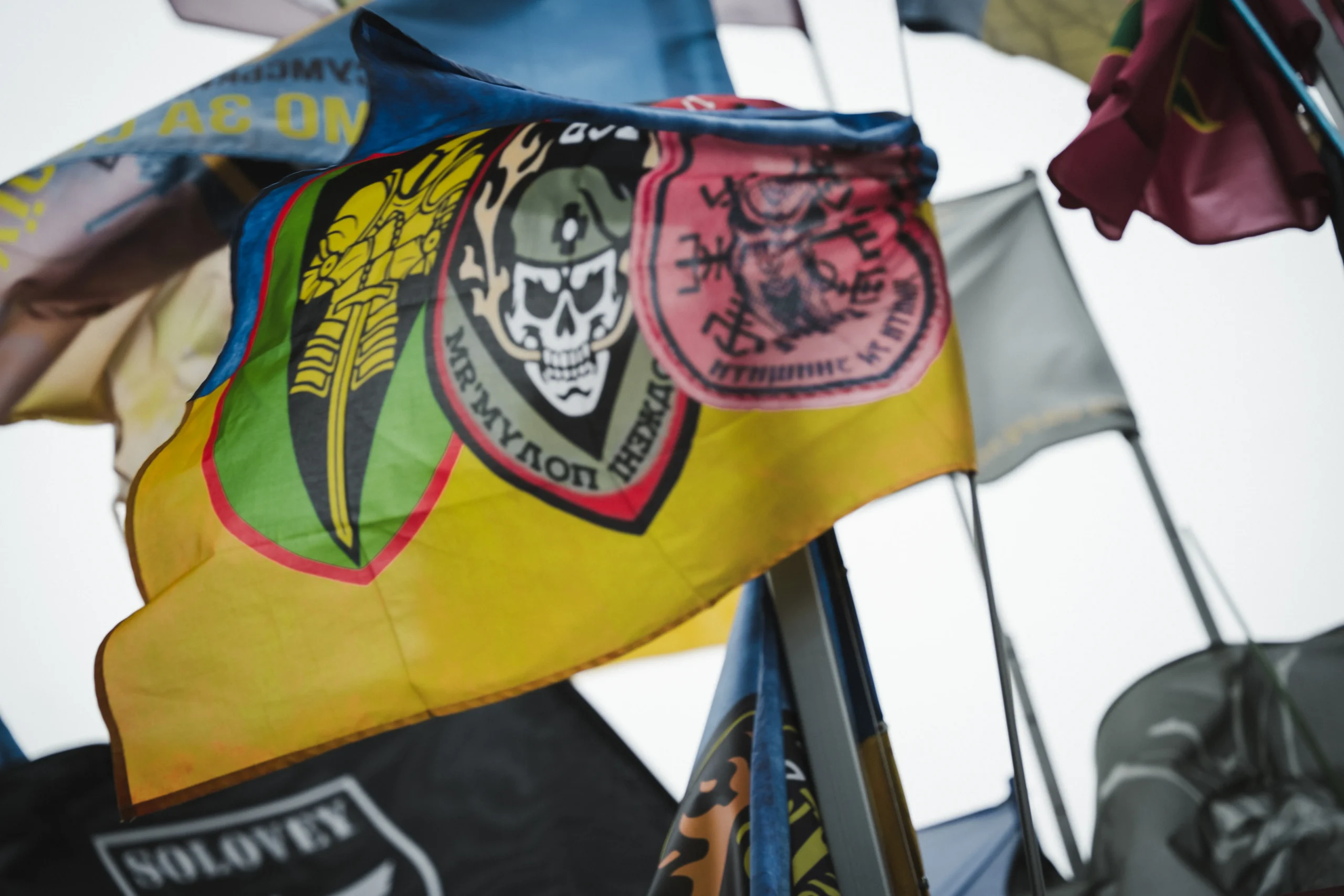 На деяких стягах зображені лицарі, черепи та руни. Ці символи відображають, у що вірять військові.